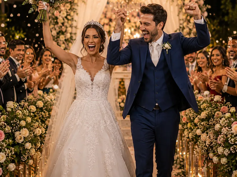 Casal celebrando o casamento com convidados