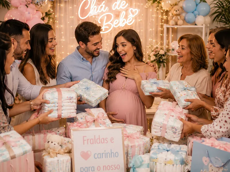 Chá de bebê com convidados entregando presentes