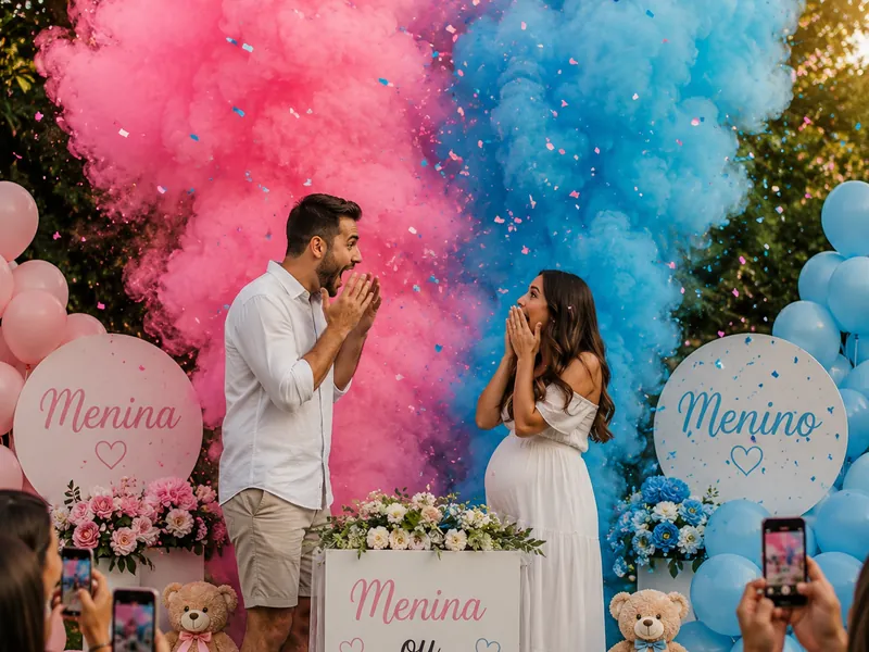 Casal em chá revelação com fumaça azul e rosa